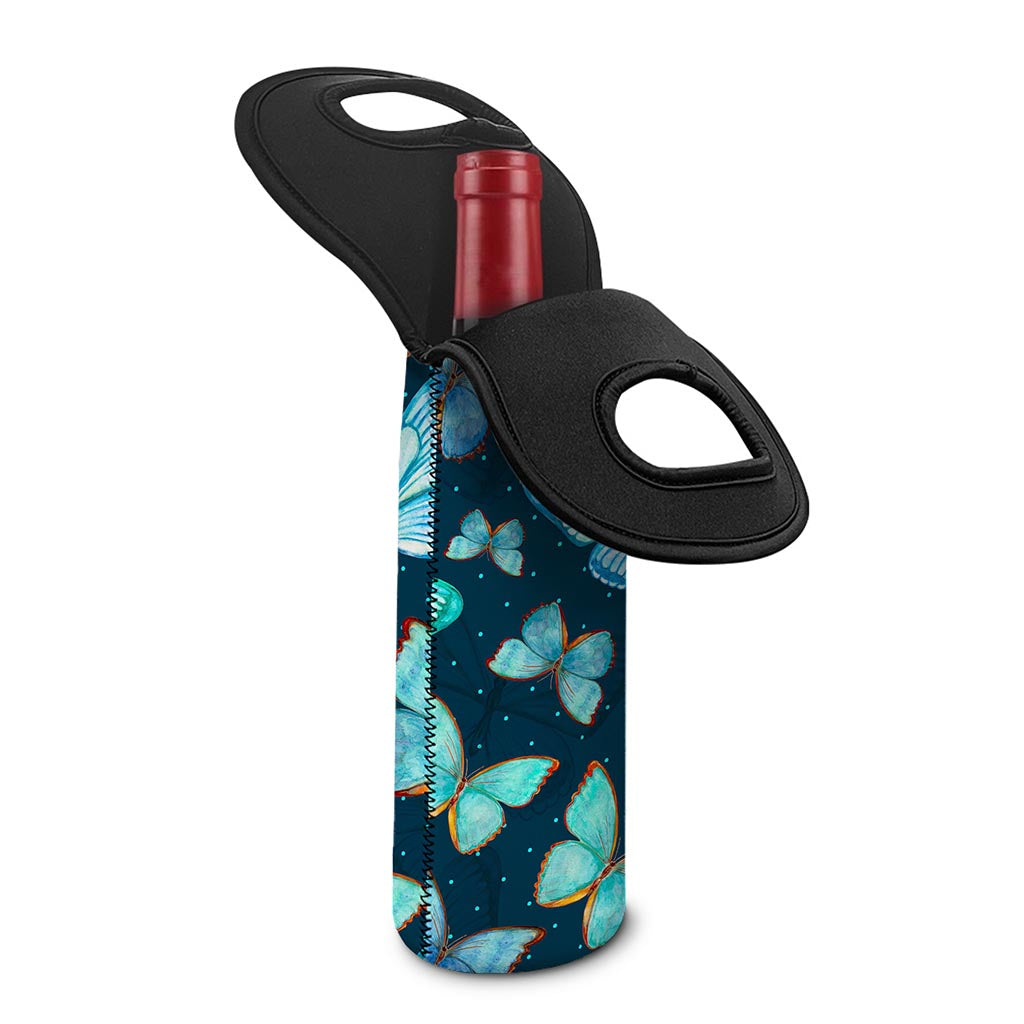 Watercolor Blue Butterfly Pattern Print Single Neoprene Wine Tote