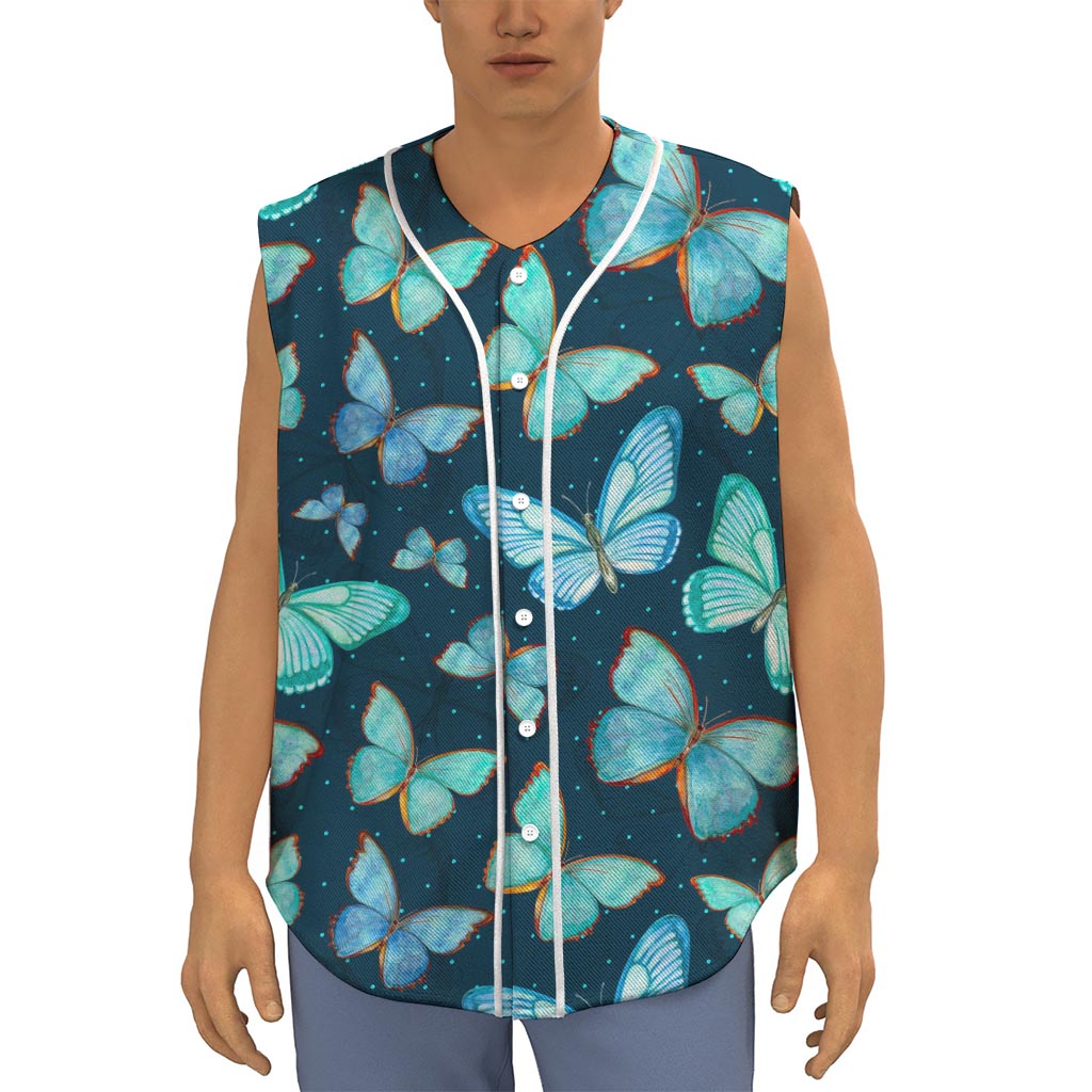 Watercolor Blue Butterfly Pattern Print Sleeveless Baseball Jersey