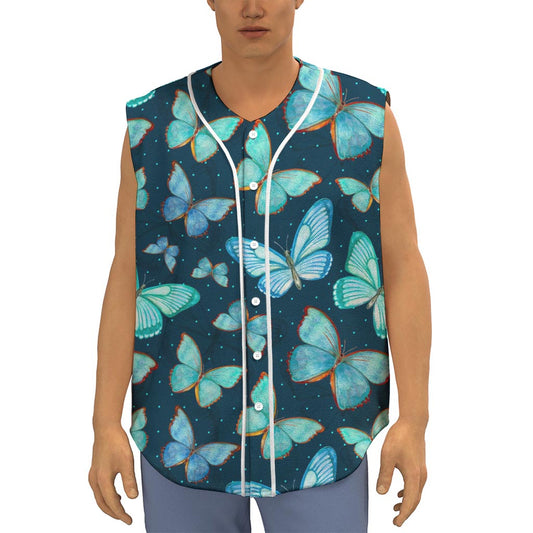 Watercolor Blue Butterfly Pattern Print Sleeveless Baseball Jersey