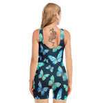 Watercolor Blue Butterfly Pattern Print Sleeveless One Piece Swimsuit