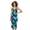 Watercolor Blue Butterfly Pattern Print Slim Fit Midi Cami Dress