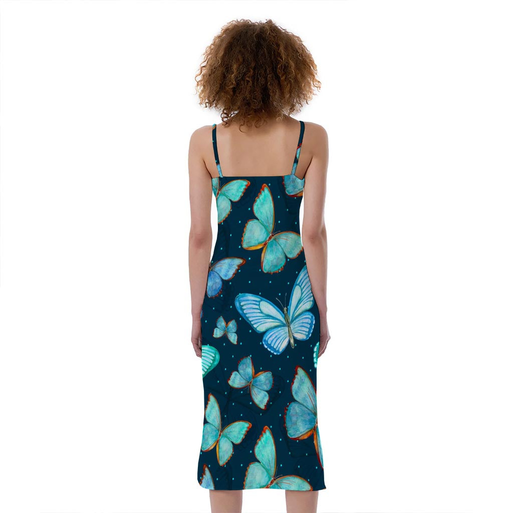 Watercolor Blue Butterfly Pattern Print Slim Fit Midi Cami Dress