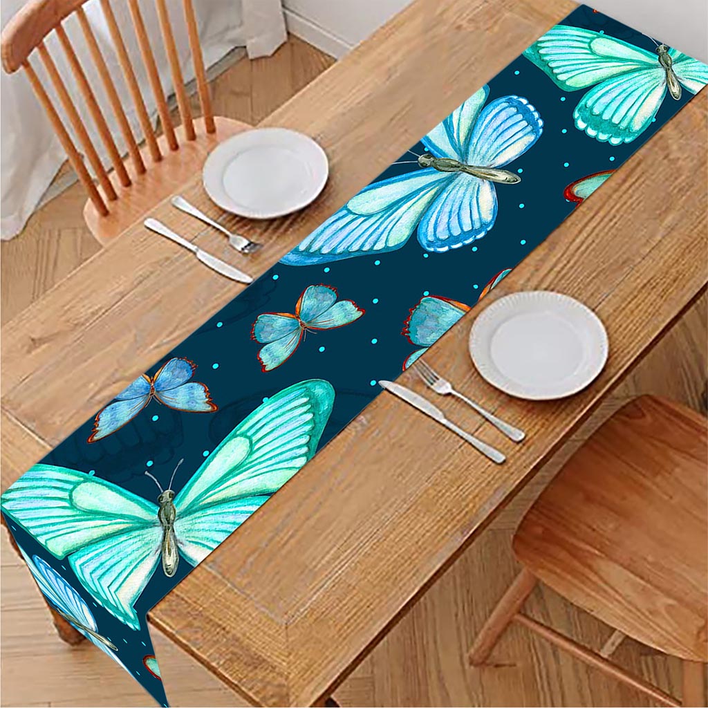 Watercolor Blue Butterfly Pattern Print Table Runner