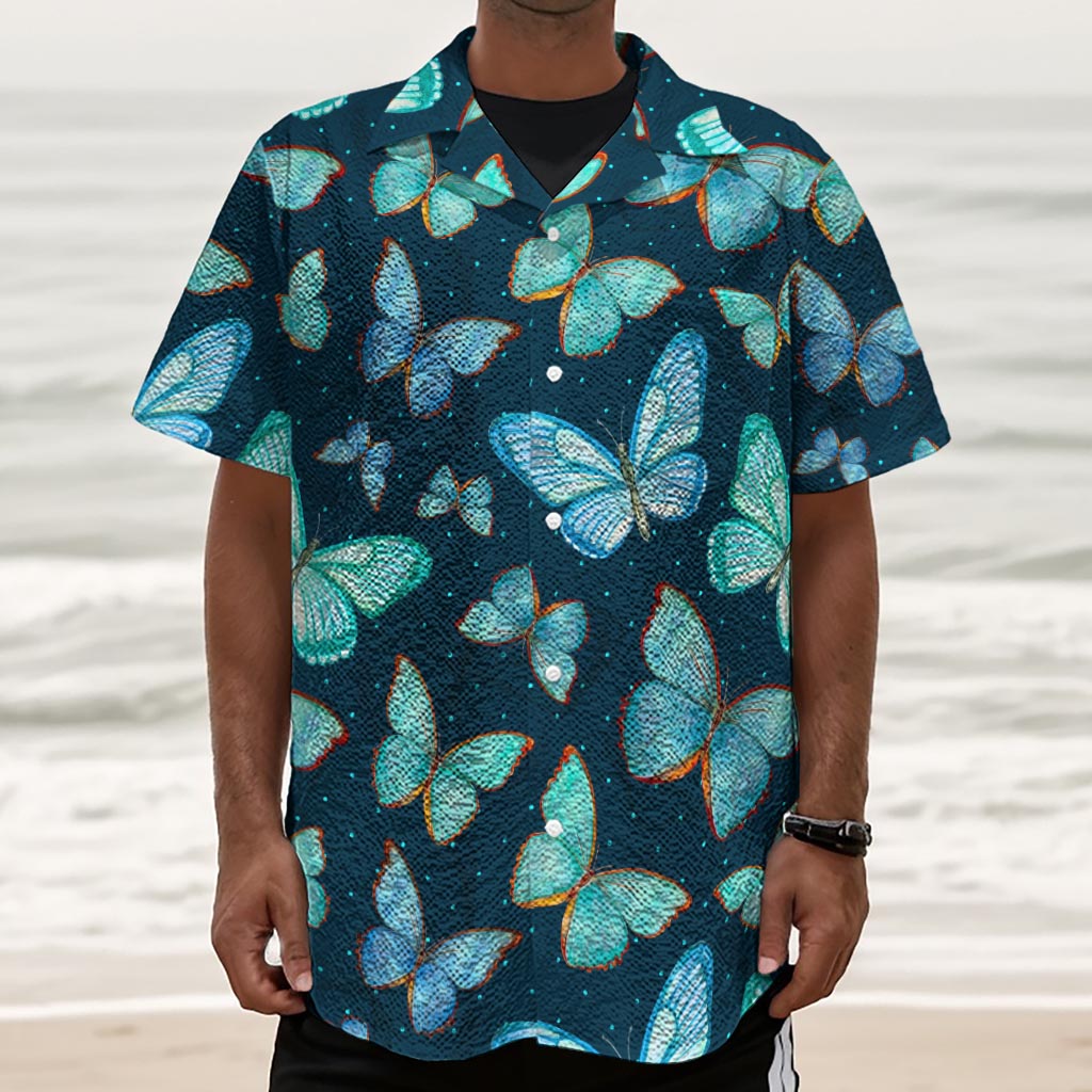 Watercolor Blue Butterfly Pattern Print Textured Short Sleeve Shirt