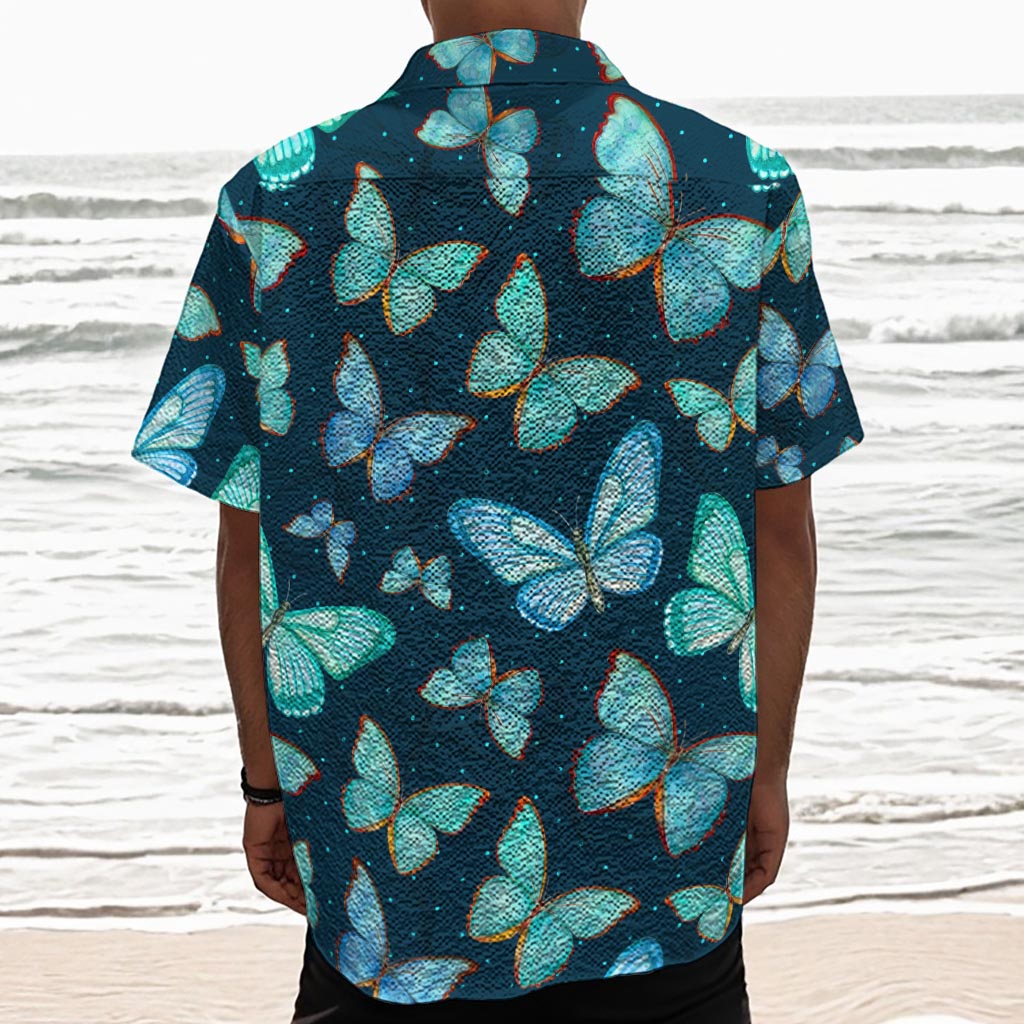 Watercolor Blue Butterfly Pattern Print Textured Short Sleeve Shirt