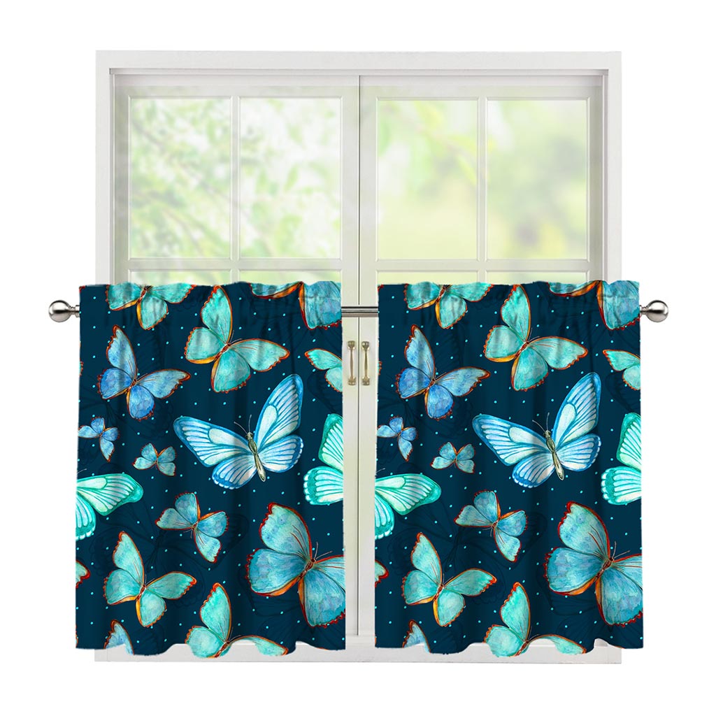 Watercolor Blue Butterfly Pattern Print Tier Curtains