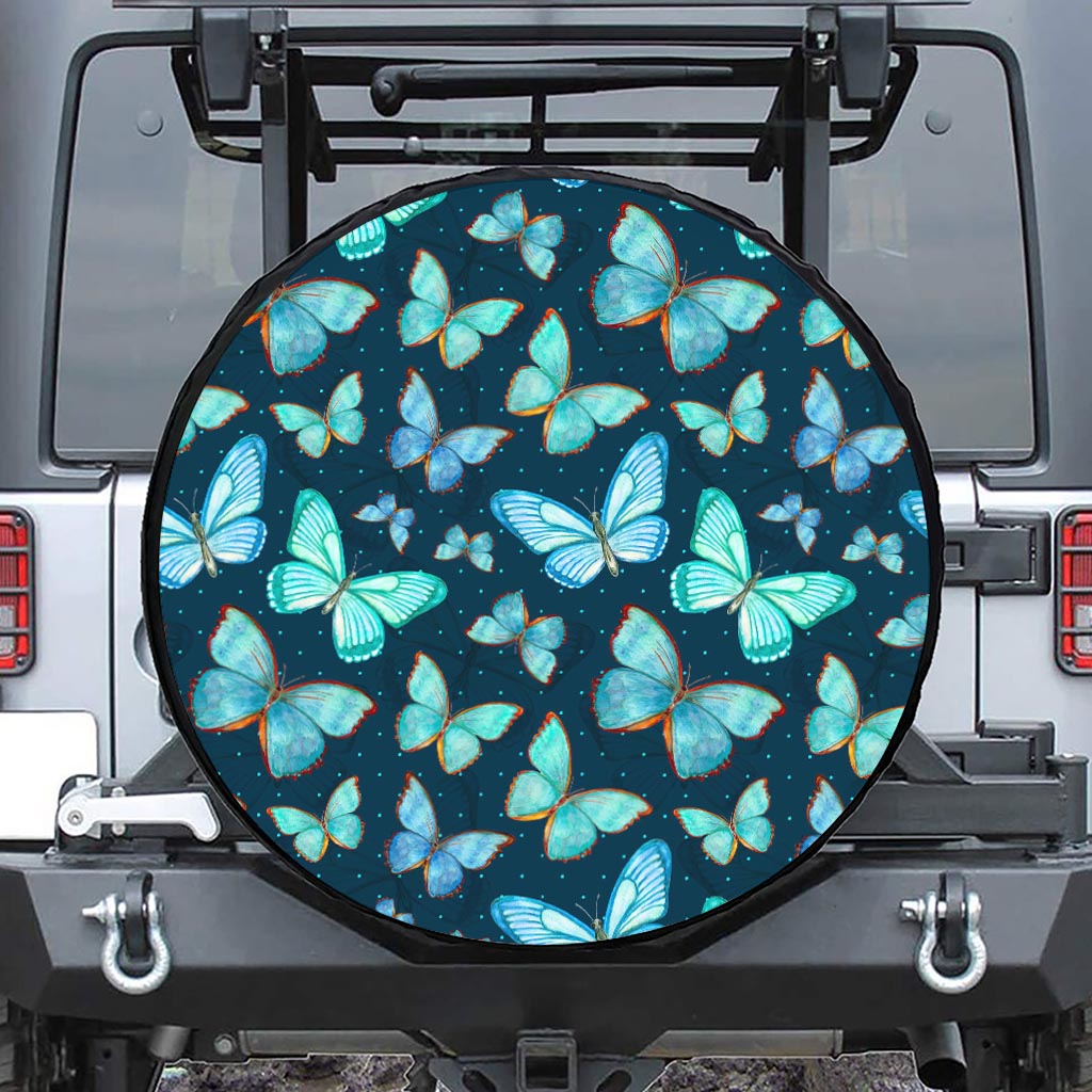 Watercolor Blue Butterfly Pattern Print Tire Cover