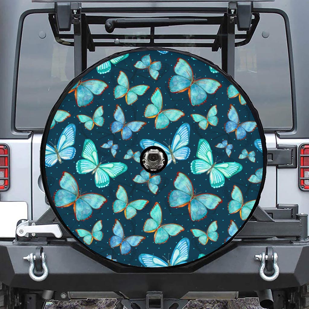 Watercolor Blue Butterfly Pattern Print Tire Cover With Camera Hole