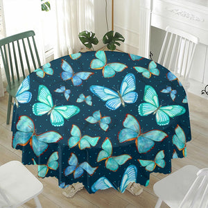 Watercolor Blue Butterfly Pattern Print Waterproof Round Tablecloth