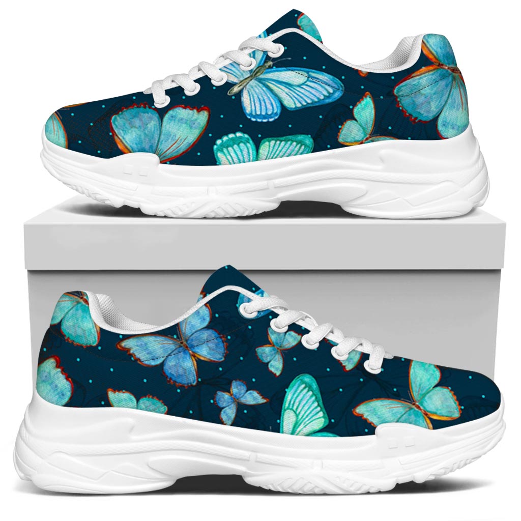 Watercolor Blue Butterfly Pattern Print White Chunky Shoes