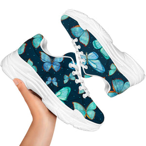 Watercolor Blue Butterfly Pattern Print White Chunky Shoes