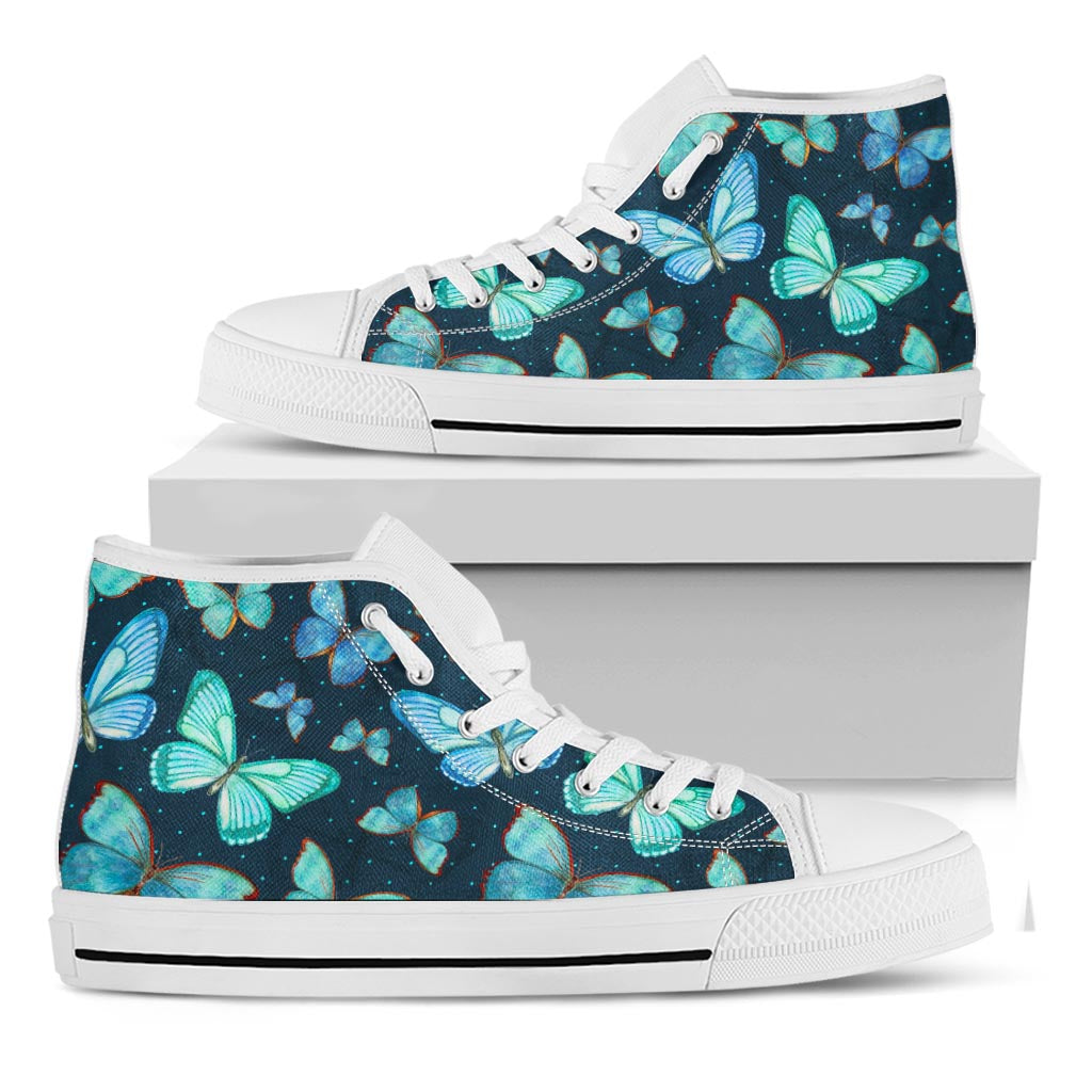 Watercolor Blue Butterfly Pattern Print White High Top Sneakers