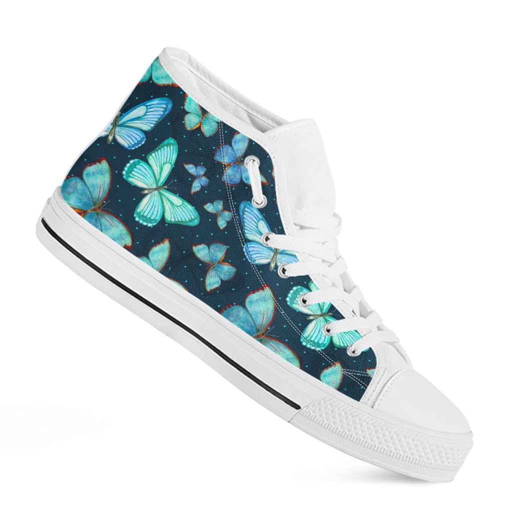 Watercolor Blue Butterfly Pattern Print White High Top Sneakers