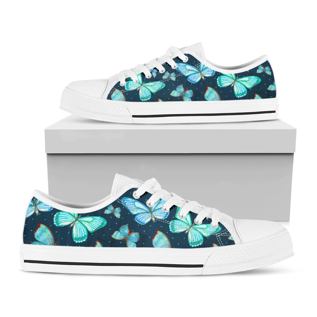 Watercolor Blue Butterfly Pattern Print White Low Top Sneakers