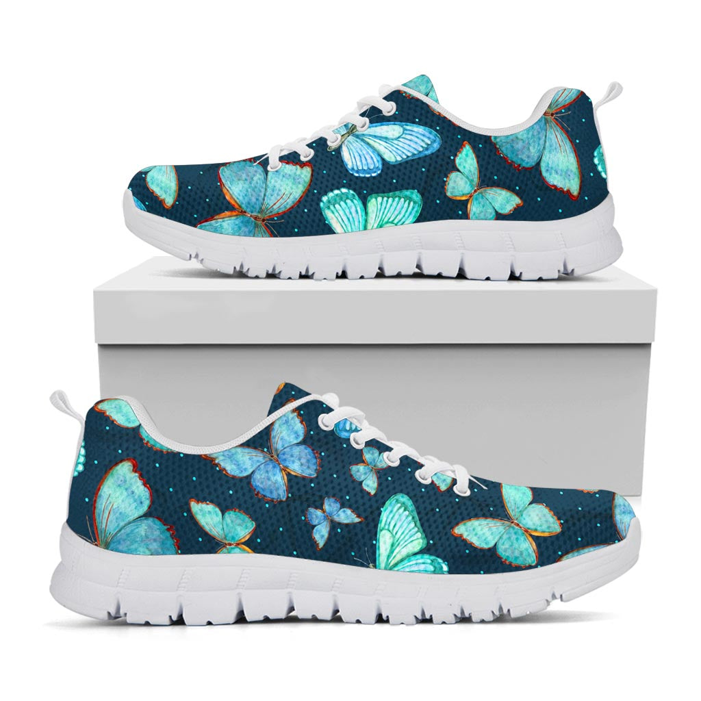 Watercolor Blue Butterfly Pattern Print White Running Shoes
