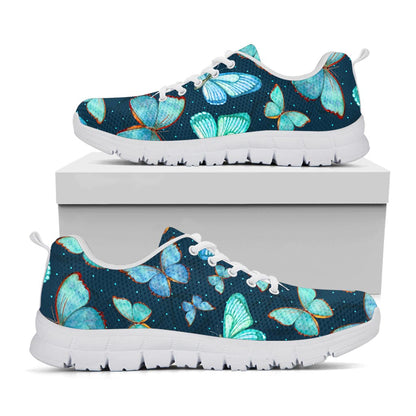 Watercolor Blue Butterfly Pattern Print White Running Shoes