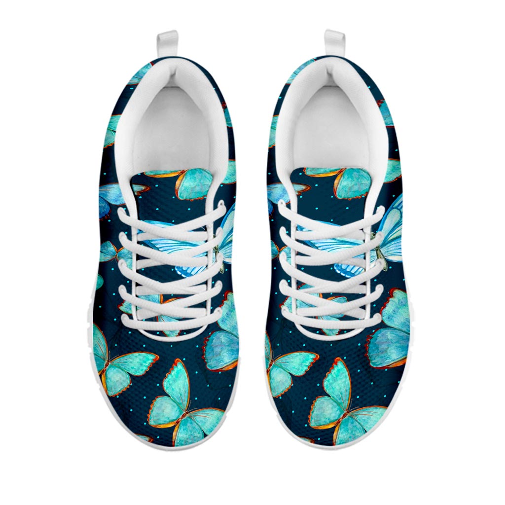 Watercolor Blue Butterfly Pattern Print White Running Shoes