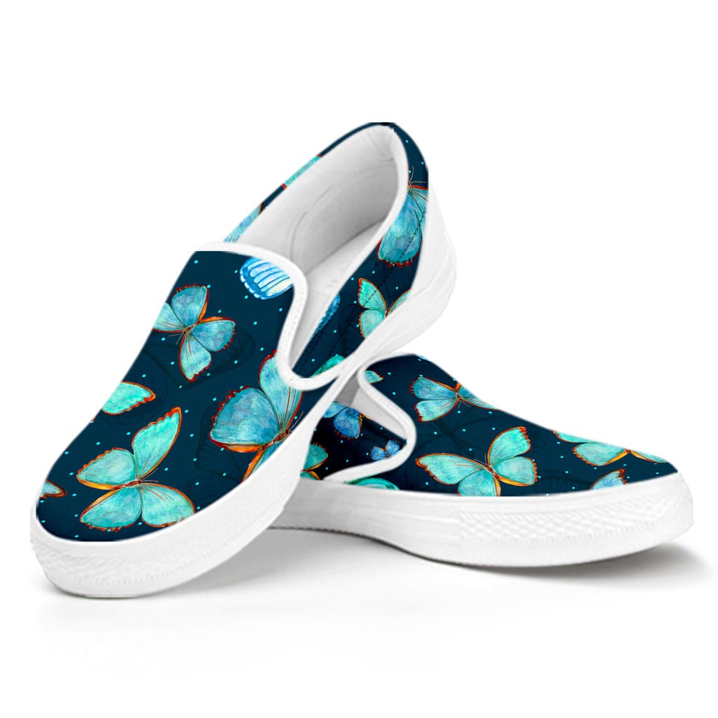 Watercolor Blue Butterfly Pattern Print White Slip On Sneakers