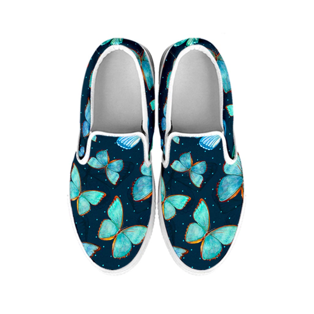 Watercolor Blue Butterfly Pattern Print White Slip On Sneakers