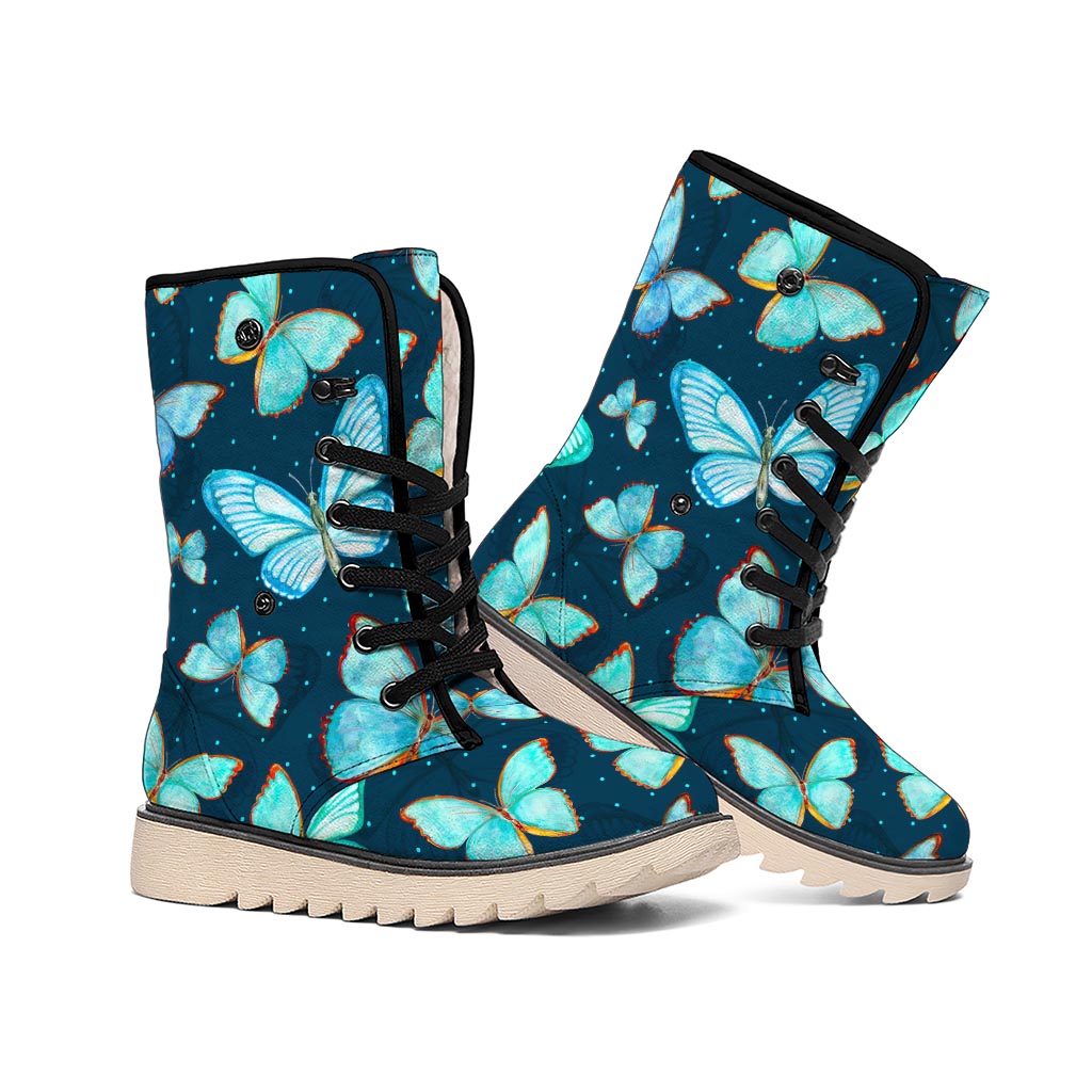 Watercolor Blue Butterfly Pattern Print Winter Boots