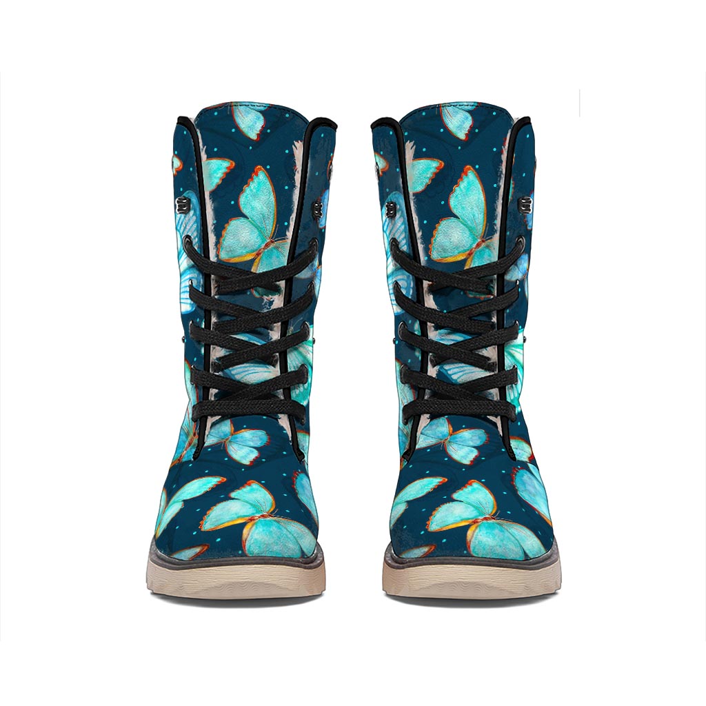 Watercolor Blue Butterfly Pattern Print Winter Boots