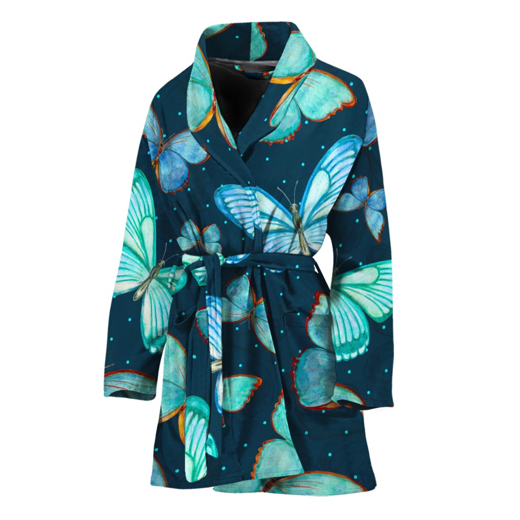 Watercolor Blue Butterfly Pattern Print Women's Bathrobe