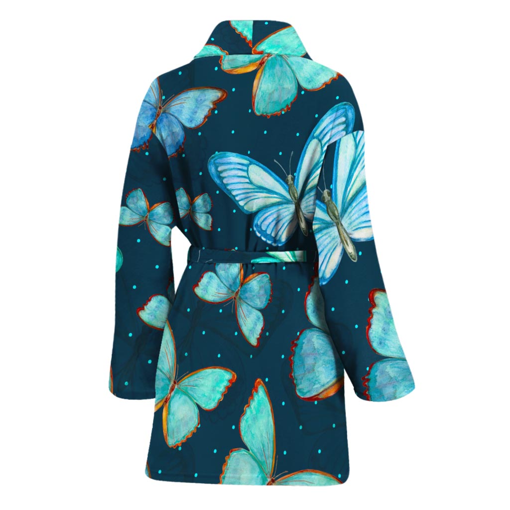 Watercolor Blue Butterfly Pattern Print Women's Bathrobe