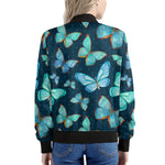 Watercolor Blue Butterfly Pattern Print Women's Bomber Jacket