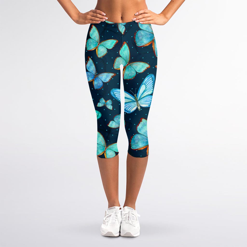 Watercolor Blue Butterfly Pattern Print Women's Capri Leggings