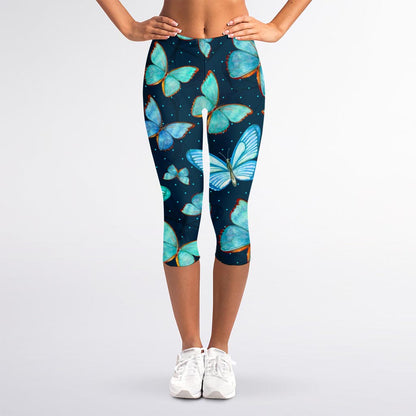 Watercolor Blue Butterfly Pattern Print Women's Capri Leggings