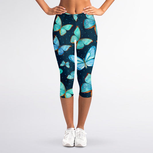 Watercolor Blue Butterfly Pattern Print Women's Capri Leggings