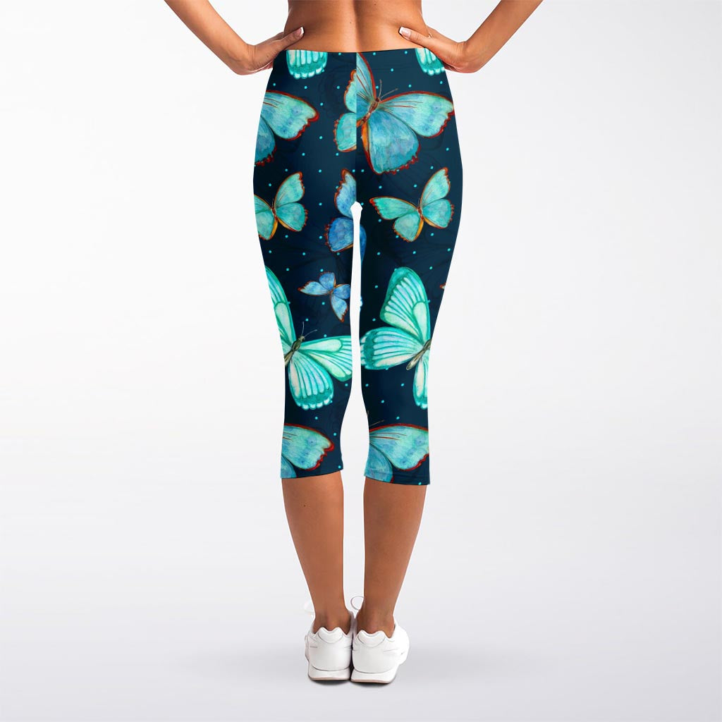 Watercolor Blue Butterfly Pattern Print Women's Capri Leggings