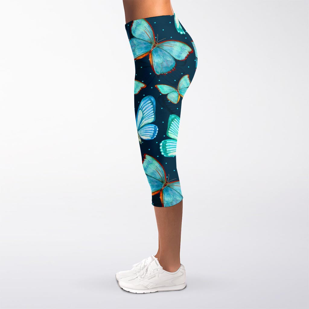 Watercolor Blue Butterfly Pattern Print Women's Capri Leggings