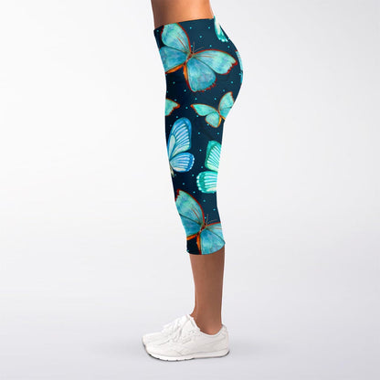 Watercolor Blue Butterfly Pattern Print Women's Capri Leggings