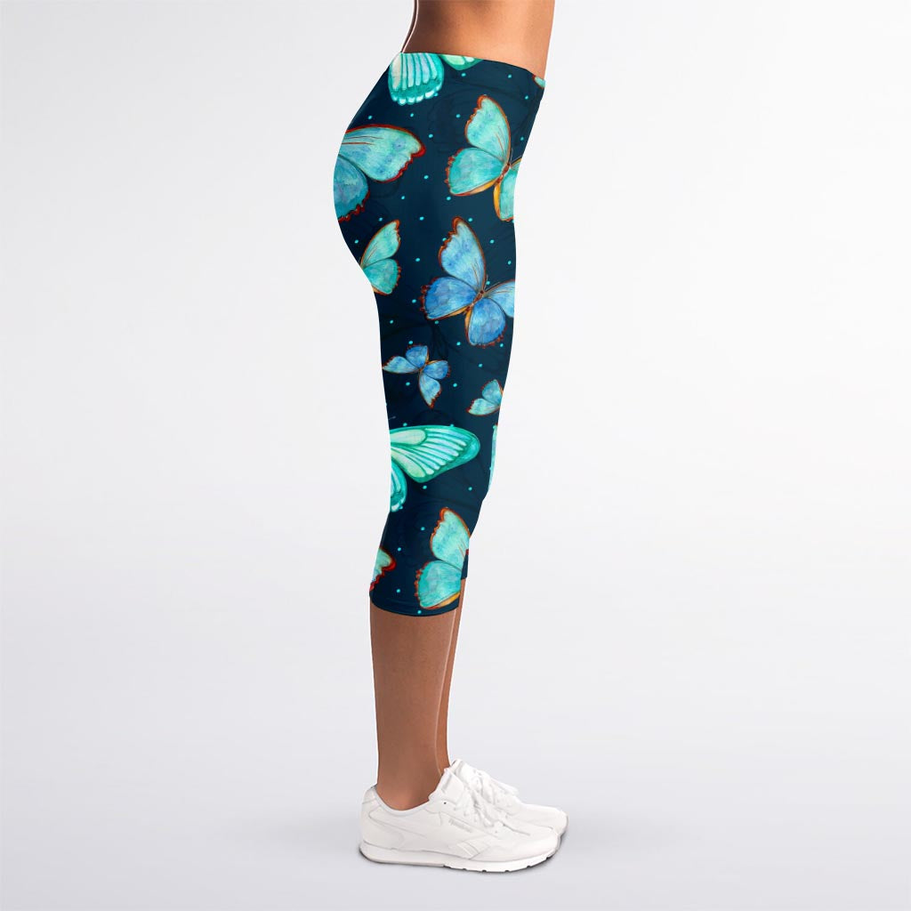 Watercolor Blue Butterfly Pattern Print Women's Capri Leggings