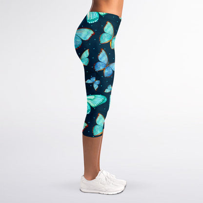 Watercolor Blue Butterfly Pattern Print Women's Capri Leggings