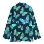 Watercolor Blue Butterfly Pattern Print Women's Cotton Blazer