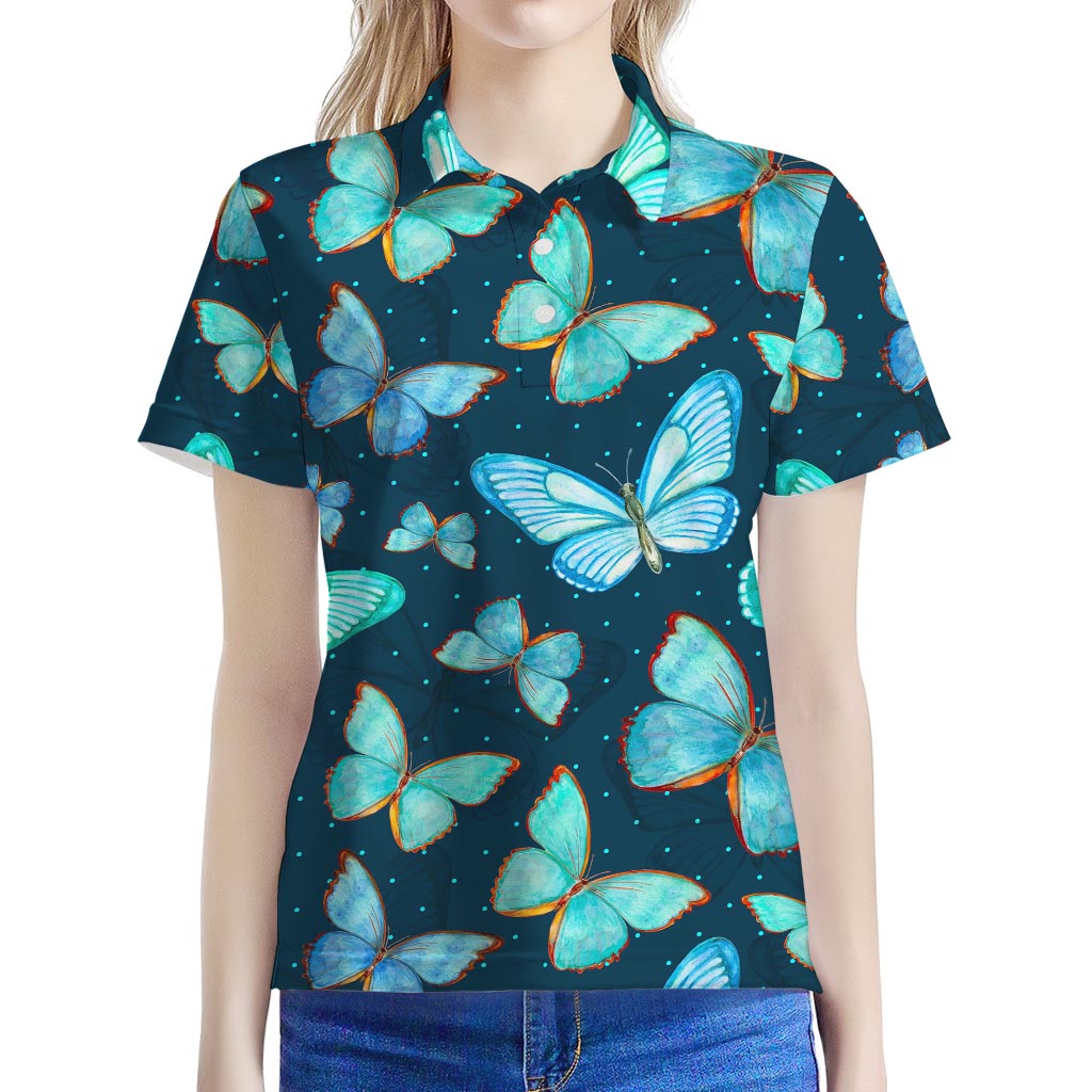 Watercolor Blue Butterfly Pattern Print Women's Polo Shirt