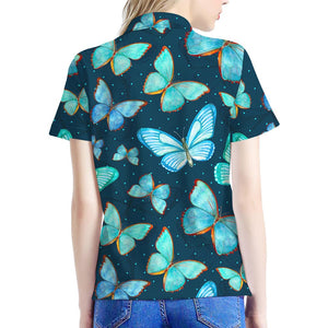 Watercolor Blue Butterfly Pattern Print Women's Polo Shirt