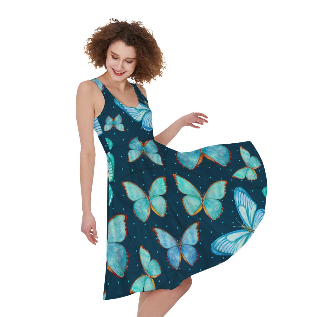 Watercolor Blue Butterfly Pattern Print Women's Sleeveless Dress