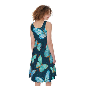 Watercolor Blue Butterfly Pattern Print Women's Sleeveless Dress