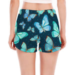 Watercolor Blue Butterfly Pattern Print Women's Split Running Shorts
