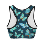 Watercolor Blue Butterfly Pattern Print Women's Sports Bra
