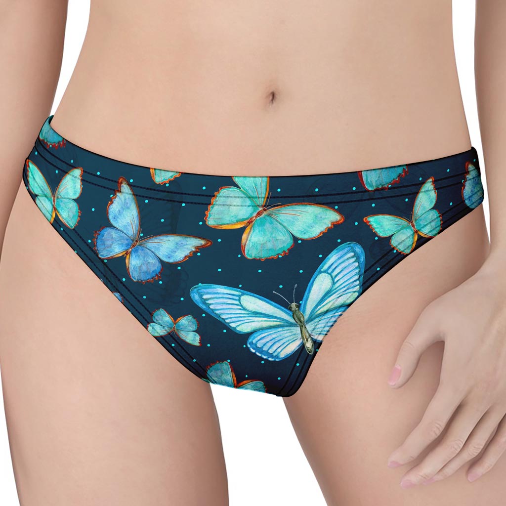 Watercolor Blue Butterfly Pattern Print Women's Thong