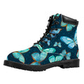 Watercolor Blue Butterfly Pattern Print Padded Collar Lace Up Boots