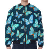 Watercolor Blue Butterfly Pattern Print Zip Sleeve Bomber Jacket