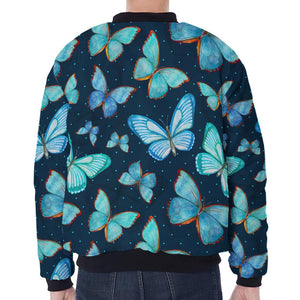 Watercolor Blue Butterfly Pattern Print Zip Sleeve Bomber Jacket