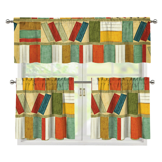 Watercolor Bookshelf Pattern Print 3 Piece Kitchen Curtains