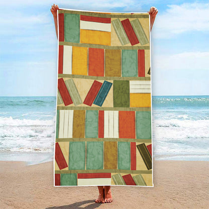 Watercolor Bookshelf Pattern Print Beach Towel
