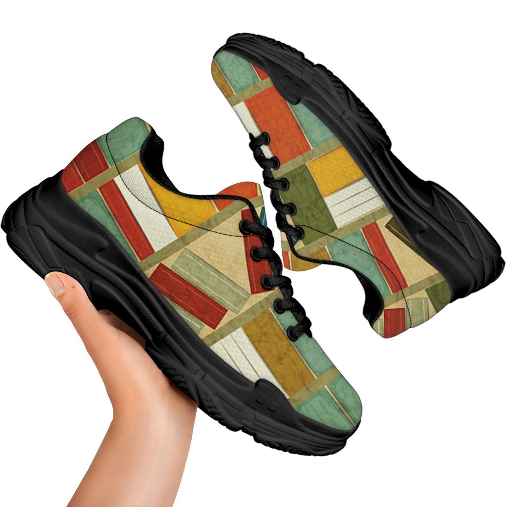 Watercolor Bookshelf Pattern Print Black Chunky Shoes